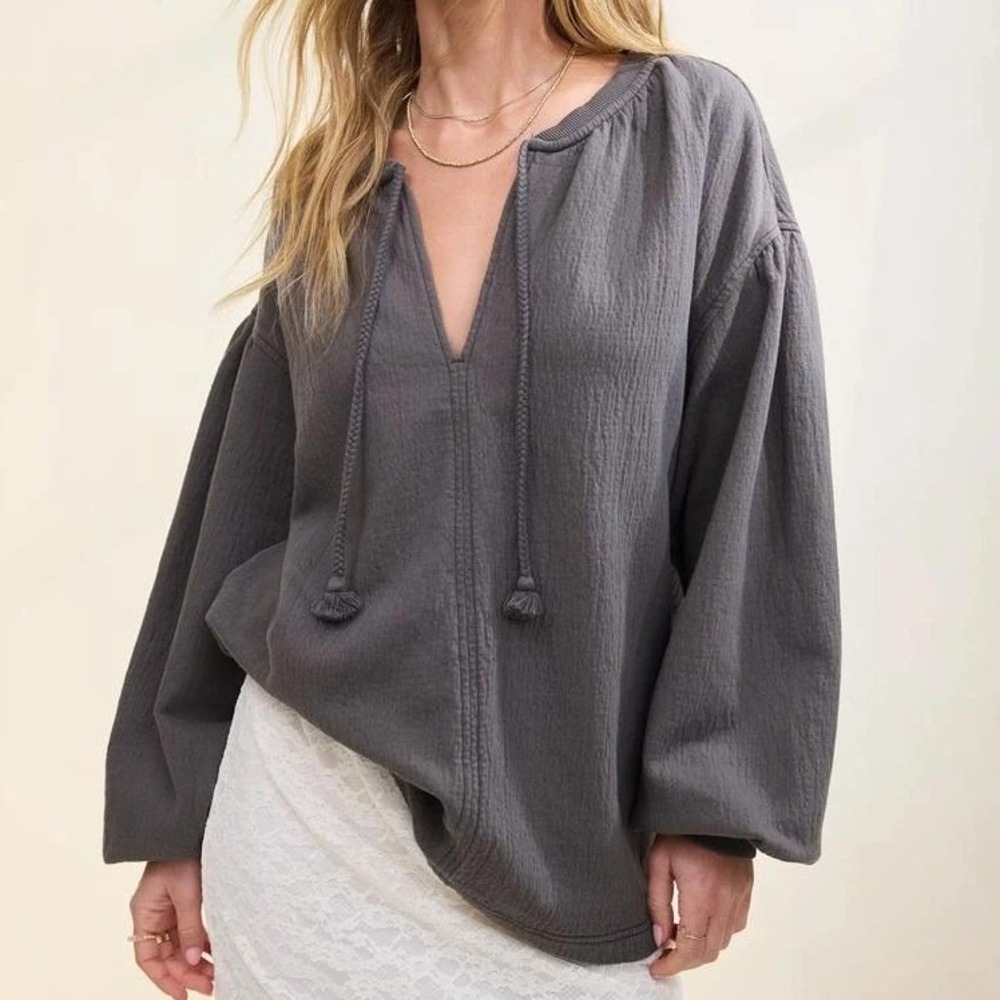 Aerie Easy Street Sweatshirt Gray Oversized V-Neck Pullover XS Breathable Cotton
